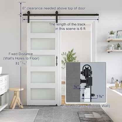 SMARTSTANDARD 32 x 80 in Glass Barn Door with 6FT Sliding Hardware Kit | Pre-Drilled Ready to Assemble, Waterproof PVC Coating, White, 5-Panel Glass