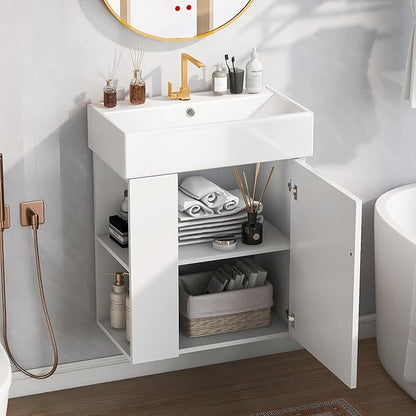 21.6 in Floating Bathroom Vanity with Sink,Soft Closing Doors,Solid Wood Frame & MDF Modern Single Small White Bathroom Vanity Cabinet with Open Shelf,Wall Mounted