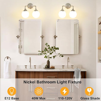 Brushed Nickel Bathroom Light Fixtures Over Mirror Vanity 2-Light | Mid Century Modern Brushed Nicke Wall Sconce with Milky White Glass Ball Shades for for Bathroom Dressing Table Bedroom