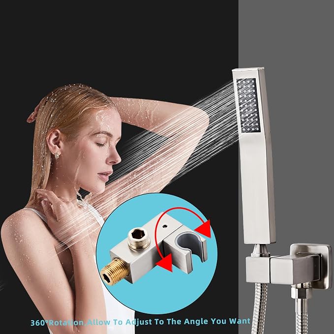 Brushed Nickel Square Hand Shower Head, handheld shower head with hose,Brass High Pressure Rinse With Adjustable Water Supply Elbow Wall Mount Connector Shower Bracket and Hose Set