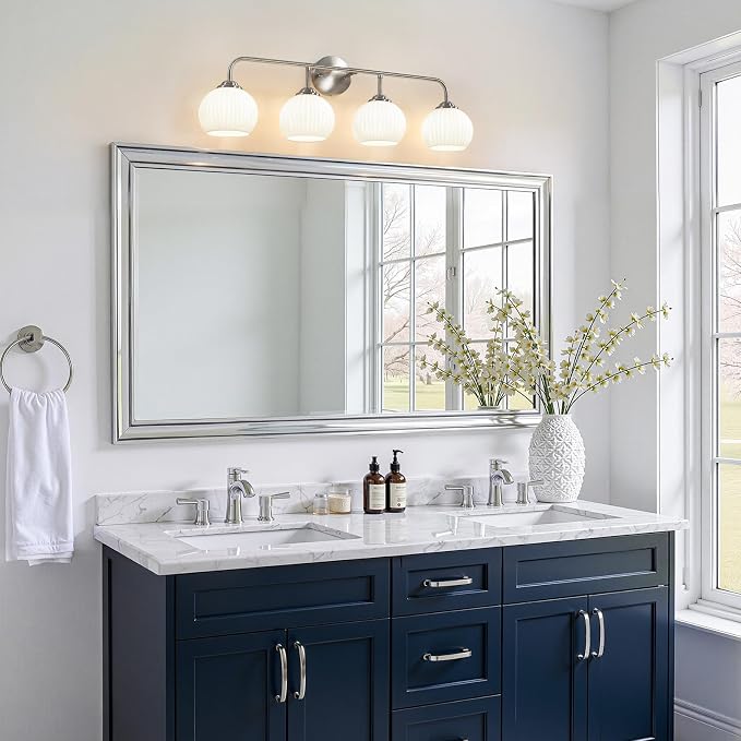 RUIYEY Bathroom Vanity Light Fixtures: 4-Lights Brushed Nickel Vintage Light Fixtures for Bathroom Above Mirror, Mid-Century Modern Wall Lights Indoor with Ribbed Lantern Frosted Milky Glass for Bath