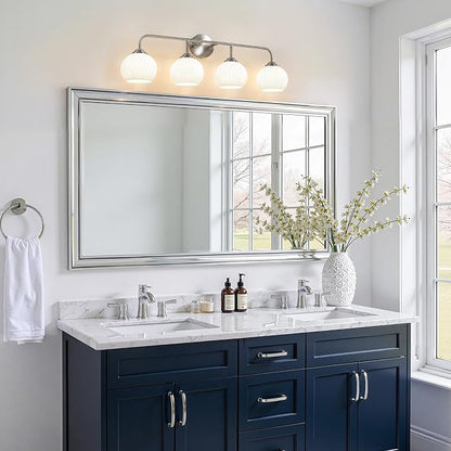 RUIYEY Bathroom Vanity Light Fixtures: 4-Lights Brushed Nickel Vintage Light Fixtures for Bathroom Above Mirror, Mid-Century Modern Wall Lights Indoor with Ribbed Lantern Frosted Milky Glass for Bath