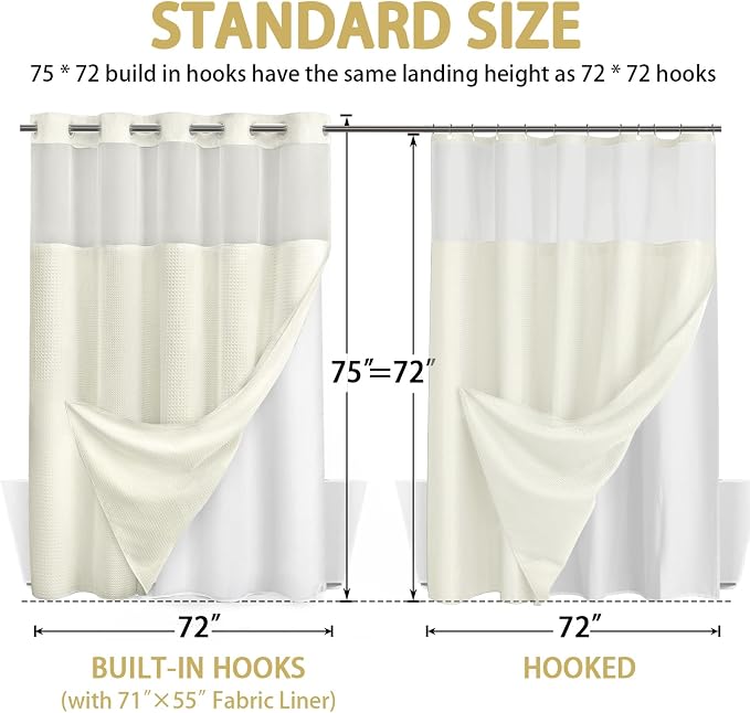 No Hook Shower Curtain with Liner Set Hotel Waffle Curtain Cream 72W X 75L | Washable Snap in Fabric Liner, Mesh Top Window, Waffle Hotel Style Shower Curtain Set