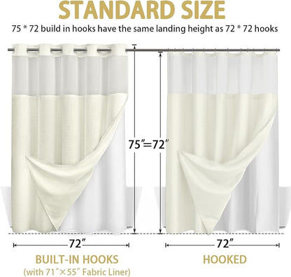 No Hook Shower Curtain with Liner Set Hotel Waffle Curtain Cream 72W X 75L | Washable Snap in Fabric Liner, Mesh Top Window, Waffle Hotel Style Shower Curtain Set