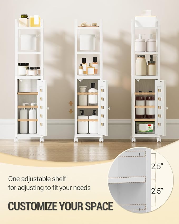 Bathroom Storage Cabinet - Toilet Paper Storage Cabinet, Small Toilet Paper Holder with 4 Wheels, Bathroom Organizer with Adjustable Shelf, for Small Spaces, White BC04613W