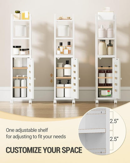Bathroom Storage Cabinet - Toilet Paper Storage Cabinet, Small Toilet Paper Holder with 4 Wheels, Bathroom Organizer with Adjustable Shelf, for Small Spaces, White BC04613W