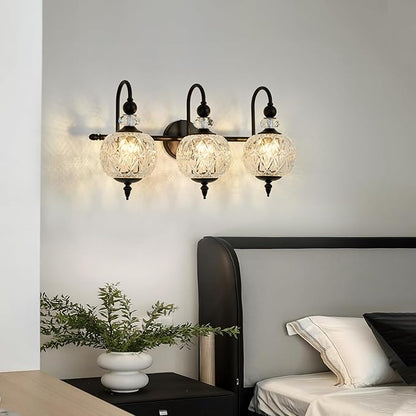 Vintage Bathroom Light Fixtures Black Vanity Light with Glass Globe LampShade 3 Lights Mid Century G9 Bulb Wall Sconce Indoor Vanity Light Over Mirror for Kitchen Bedroom Farmhouse