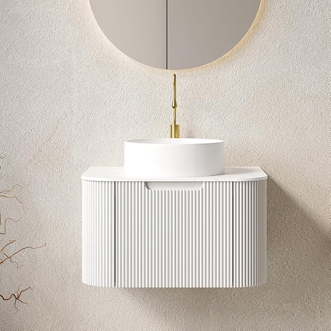 24'' Bathroom Vanities Cabinet with Sink Combo, Wall Mounted Floating Cabinet W/Curved Edges Stripes, Oak Plywood, Soft-Close System with a Drawer, White Round Ceramic Basin - Kiel, White