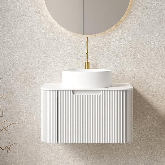 24'' Bathroom Vanities Cabinet with Sink Combo, Wall Mounted Floating Cabinet W/Curved Edges Stripes, Oak Plywood, Soft-Close System with a Drawer, White Round Ceramic Basin - Kiel, White