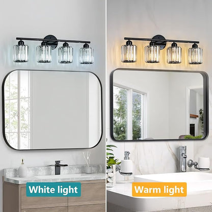 Modern 4 Light Crystal Vanity Light, Plating Black Vertical Bathroom Light Fixture Over Mirror for Dressing Table Sink, Compatible with Dimmable Bulbs (Bulbs Not Included)