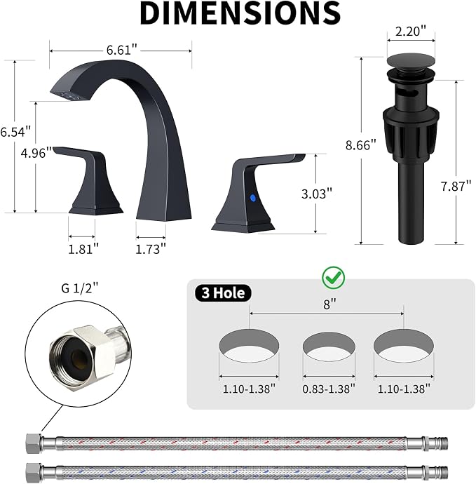 Bathroom Sink Faucet 8 inch, 3 Hole, NSF Certified, Matte Black | Modern Bathroom Faucet for Bathroom Sink and RV with Pop-Up Drain and Water Supply Lines