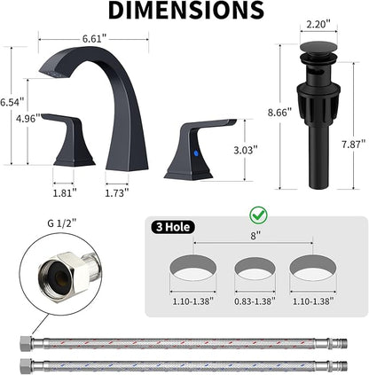 Bathroom Sink Faucet 8 inch, 3 Hole, NSF Certified, Matte Black | Modern Bathroom Faucet for Bathroom Sink and RV with Pop-Up Drain and Water Supply Lines