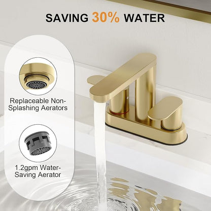 BWE Brushed Gold Bathroom Faucets 4 Inch Centerset Faucet for Bathroom Sink | 2 or 3 Hole Basin 2-Handle 360° Swivel Spout Bathroom Sink Faucet with Pop up Drain Water Supply Hose for Farmhouse Vanity RV