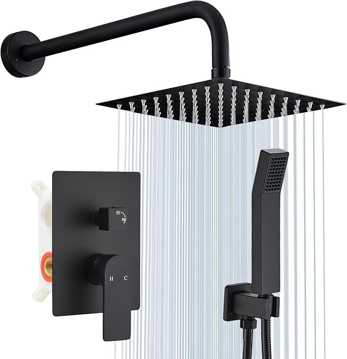 Shower Faucet Set With 8" Shower Head And Handheld Black | Wall Mounted Shower System Valve Include 2 Function
