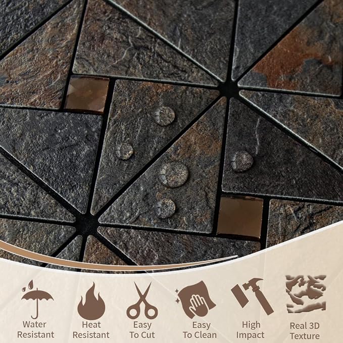 DICOFUN 10-Sheet Rustic Slate Look Peel and Stick Backsplash Tile, Mixed Glass Self-Adhesive Mosaic Tiles, Stainless Steel Stick on Wall Tiles for Kitchen and Bathroom Backspalsh, Mirror Decor