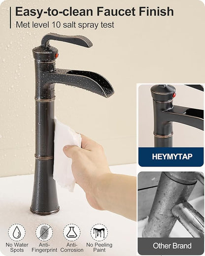 Tall Vessel Sink Faucet, Oil Rubbed Bronze Bathroom Faucet Waterfall Bathroom Faucets One Hole, Brass Bathroom Sink Faucet Single Handle with Pop-Up Drain & Water Hoses, 5 Mins Install