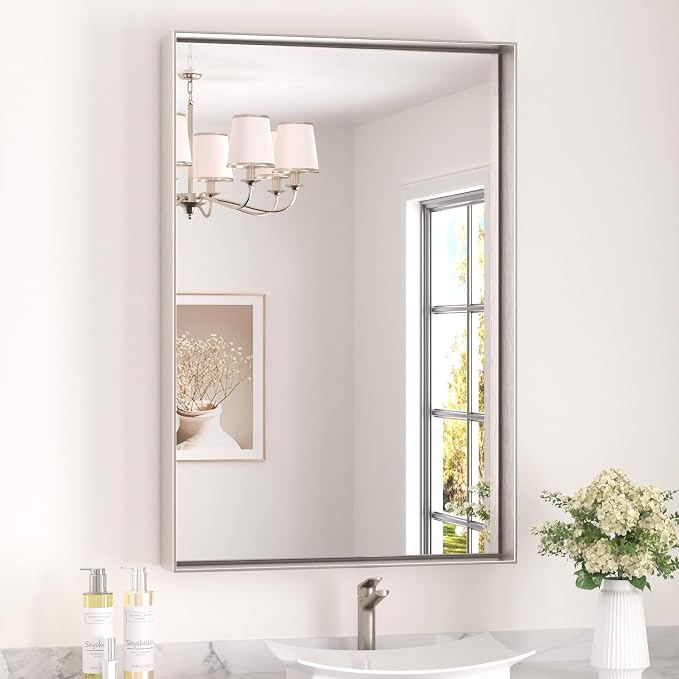 Keonjinn 24x36 Inch Nickel Bathroom Mirror for Over Sink, Rectangular | HD Tempered Glass, Vanity Mirror, Brushed Framed, Square Corner, Modern Farmhouse, Wall Mounted Mirrors, Aluminum Alloy
