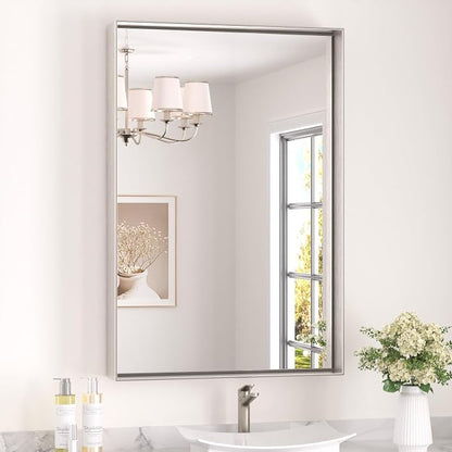 Keonjinn 24x36 Inch Nickel Bathroom Mirror for Over Sink, Rectangular | HD Tempered Glass, Vanity Mirror, Brushed Framed, Square Corner, Modern Farmhouse, Wall Mounted Mirrors, Aluminum Alloy