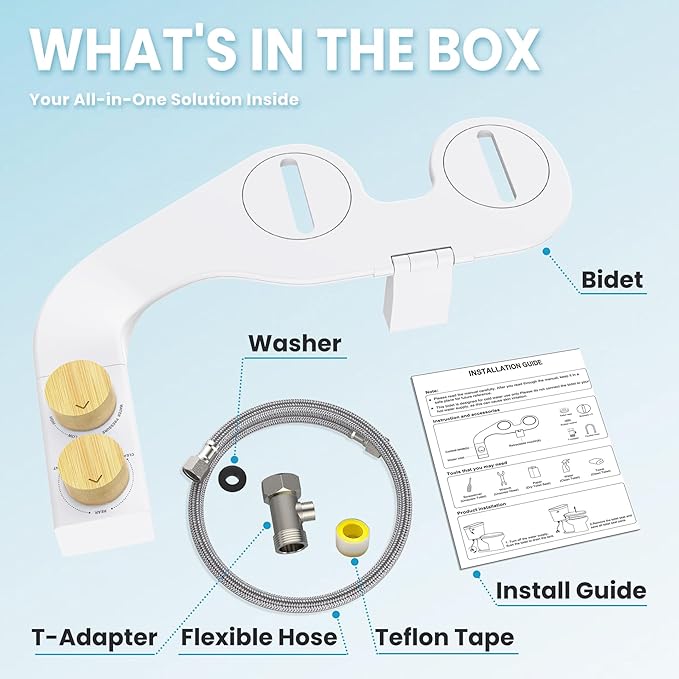 Toilet Bidet With Left/Right Side Reversible Design, Fresh Water, Non-Electric, Toilet Bidet Attachment, Right/Left Hand Side with Dual Nozzle, Self-Clean, Easy to Install (Bamboo Knob)