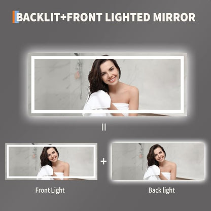 LED Bathroom Mirror 60 x 24 inch, Lighted Bathroom Vanity Mirror with Front Light and Backlit LED, Frameless Wall Mounted Bathroom Mirror with Adjustable Color Temperature