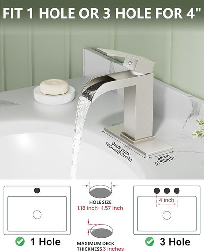 Midanya Waterfall Bathroom Faucet, Single Handle Bathroom Sink Faucet for Sink 1 or 4 Inch 3 Hole, Stainless Steel Vanity Faucets with Deck Plate and Pop up Drain,Brushed Nickel