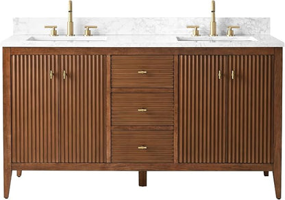 Vanity Art 60 inch Bathroom Vanity with Double Sink & Ceramic Top, Vanity Cabinet with Soft-Closing Door, Solid Wood Frame, Linear Pattern, Walnut, Golden Brushed Handware VA9160-DWalnut-GB
