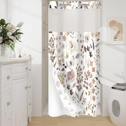 Litabel No Hook Brown Watercolor Floral Shower Curtain and Liner Set, 36x74 | Spring Flower Shower Curtains with Snap-in Liner for Farmhouse Bathroom Decor, Botanical Bathroom Curtain with Leaves