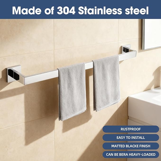 Bathroom Towel Bar Set, 23.6 Inch Wall Mounted Rack, 304 Stainless Steel, D-Shape, 2-Piece Set (Chorme)