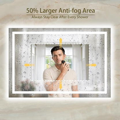36"x55" LED Bathroom Mirror with Lights, Anti-Fog, Backlit+Frontlit | CRI 95, Stepless Dimmable, 3 Colors Lighting, Shatterproof Tempered Glass, HD Reflection, Memory, (Horizontal/Vertical)