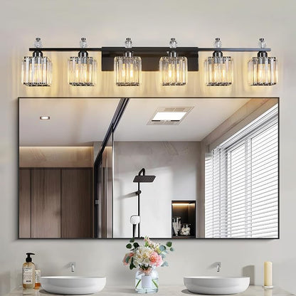 Vanity Lights 6-Light Modern Crystal Vanity Light Plating Black Bathroom Light Fixtures Over Mirror Crystal Bathroom Vanity Lighting Fixtures