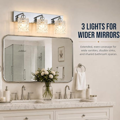 3-Light Crystal Vanity Light for Bathroom, Chrome Over Mirror Light Fixture, Modern Wall Mount for Living Room, Bedroom, Hallway