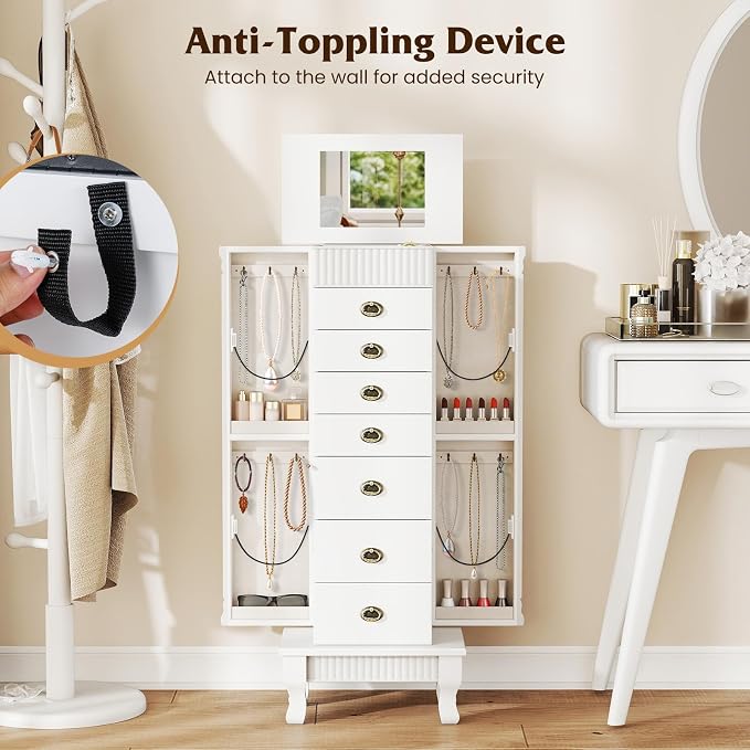 DREAMADE Jewelry Armoire, Standing Jewelry Box w/Mirror & 7 Drawers, White | Flip Top Organizer with 2 Side Doors and Anti-Toppling Device, Large Jewelry Cabinet Storage for Bedroom