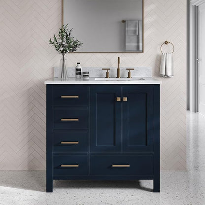 ARIEL Cambridge 36-inch Bathroom Vanity with Sink,Solid Wood, 0.75-inch Italian Carrara Marble Countertop, Single Rectangular Porcelain Sink, 2 Soft Closing Doors, 5 Dovetail Drawers, Midnight Blue