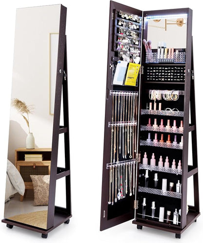 GOFLAME Jewelry Cabinet with Full Length Mirror, Lockable Jewelry Storage Organizer with Wheels, 3-Color LED Lights, Inner Mirror, Freestanding Jewelry Armoire with Rear Storage Shelves, Espresso