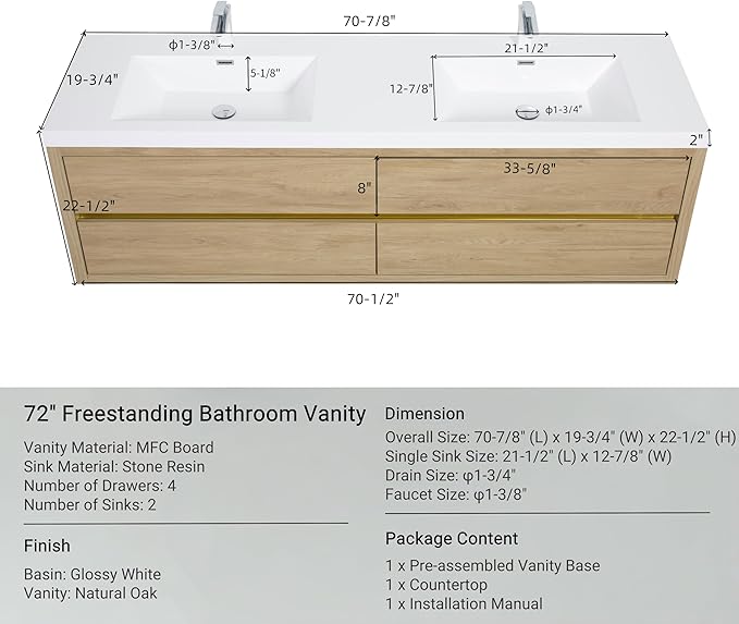 72" Wall-Mounted Bathroom Vanity with Sink | Waterproof Coating, 4 Drawers Floating Cabinet | Stone Resin Countertop & Soft Close Drawers | Modern Storage Solution, Natural Oak