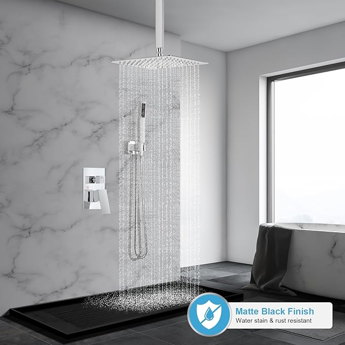 Ceiling Mount Shower Faucet Set, Rain Shower System, 10 inch Ceiling Shower Faucet with Handheld Shower Head, With Shower Valve and Trim Kit Polished Chrome