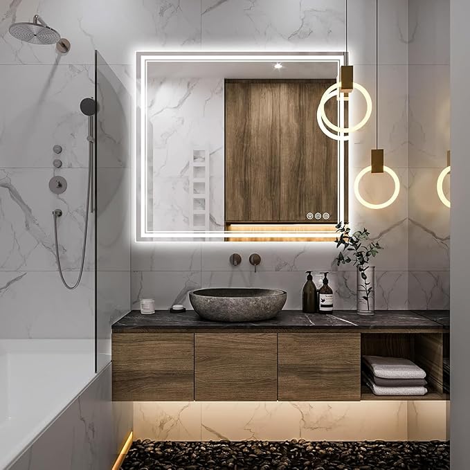 Ratsamee 40x36 Inch LED Bathroom Mirror with Frontlit & Backlit, Lighted Mirror for Bathroom Wall with 3-Color Dimmable & Anti-Fog, Vanity Mirror with Lights