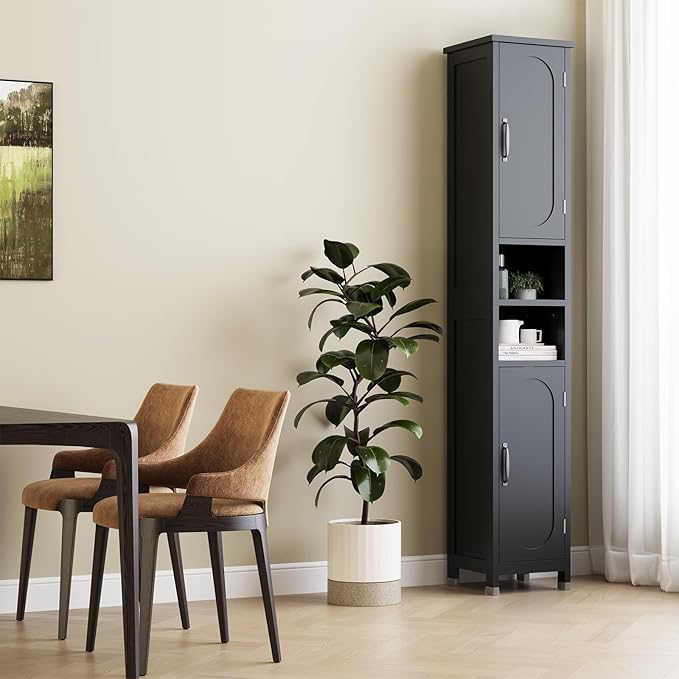 67" Tall Bathroom Storage Cabinet with Lights, Slim Narrow Bathroom Cabinet Organizer with Doors and Adjustable Shelves, Tall Cabinet for Small Space (66.9" Tall-Black with Light)