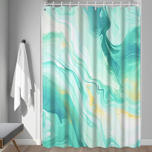 Turquoise Shower Curtain, Modern Teal and Gold Marble Shower Curtain for Bathroom Aesthetic Waterproof Shower Curtain Set with Hooks, 72x72 Inch