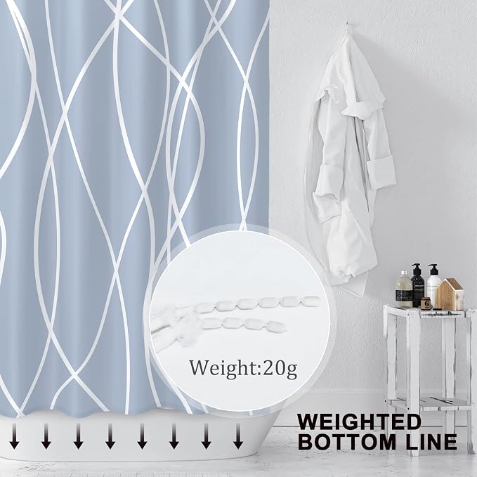 Striped Shower Curtain for Bathroom, Light Blue, 72" W x 72" L | with Hooks, Modern Hotel Style, Water Repellent, Washable, Weighted Hem