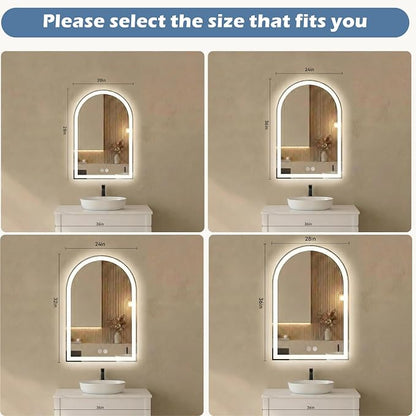 DUMOS 28"x36" LED Bathroom Mirror with Lights, Arched Vanity Mirror | Anti-Fog, Dimmable, 3-Color Light, Memory Function, Front Light and Backlit, Tempered Glass