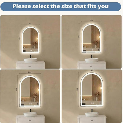 DUMOS 24"x36" LED Bathroom Mirror with Lights, Arched Vanity Mirror | Anti-Fog, Dimmable, 3-Color Light, Memory Function, Front Light and Backlit, Tempered Glass