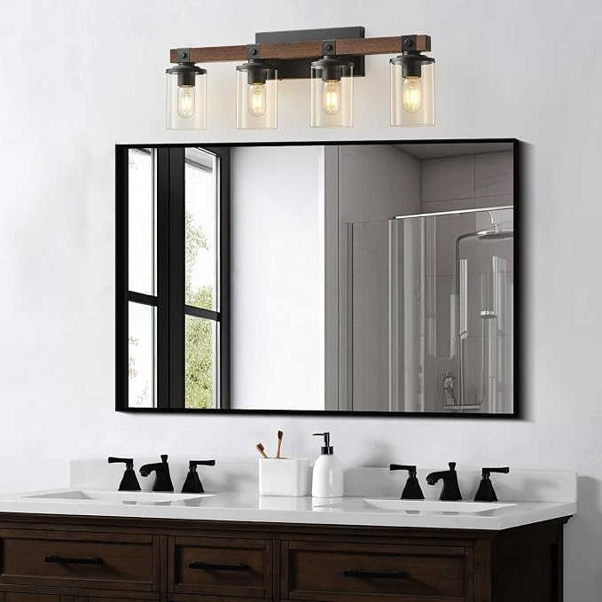 Bathroom Vanity Light Fixtures 4 lights Wooden Farmhouse Vanity Lights | Rustic Bathroom Lights over Mirror with Clear Glass Shade Black Industrial Wall Sconce for Bathroom Bedroom Hallway