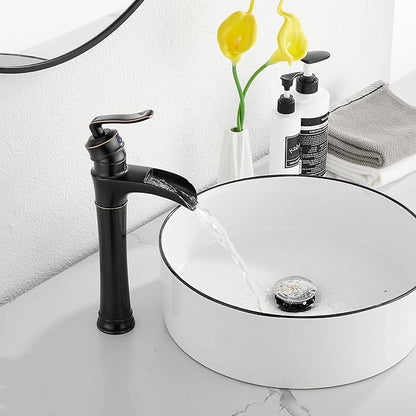 Oil Rubbed Bronze Bathroom Vessel Faucet GGStudy Single Handle One Hole Waterfall Farmhouse Bathroom Vessel Sink Faucet Matching with Pop Up Drain