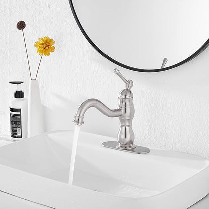 Bathroom Faucet Brushed Nickel GGStudy 360° Swivel Bathroom Vanity Faucet Single Handle One Hole Bathroom Sink Faucet Basin Matching Pop Up Drain with Overflow