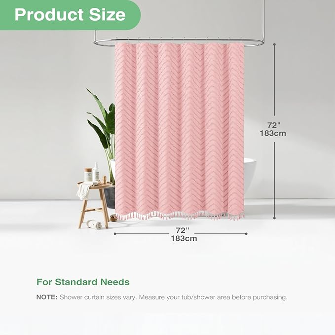 Dynamene Boho Farmhouse Shower Curtain, Pink Fabric Tufted Chevron Striped Textured Tassel Shower Curtains for Bathroom, Water Repellent, Minimalist Ruffled Cloth Shower Curtain Set with Hook, 72x72