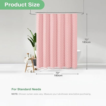 Dynamene Boho Farmhouse Shower Curtain, Pink Fabric Tufted Chevron Striped Textured Tassel Shower Curtains for Bathroom, Water Repellent, Minimalist Ruffled Cloth Shower Curtain Set with Hook, 72x72