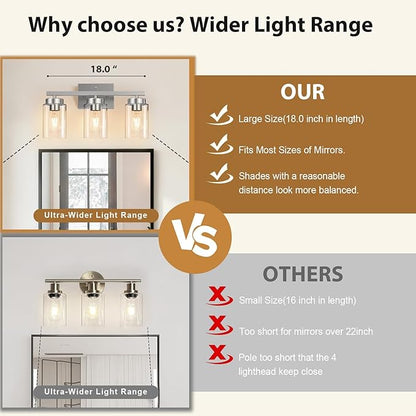 IZORRO Modern Bathroom Light Fixtures, 3 Light Brushed Nickel Vanity Lights, Bathroom Lighting Fixtures Over Mirror with Clear Glass for Living Room Cabinet Bedroom