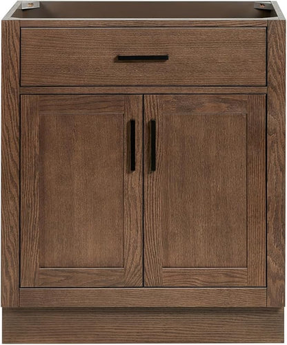 ARIEL Hepburn 30-inch Bathroom Vanity Base Cabinet,Solid Wood, 2 Soft Closing Doors, 1 Dovetail Drawers, Brown Oak