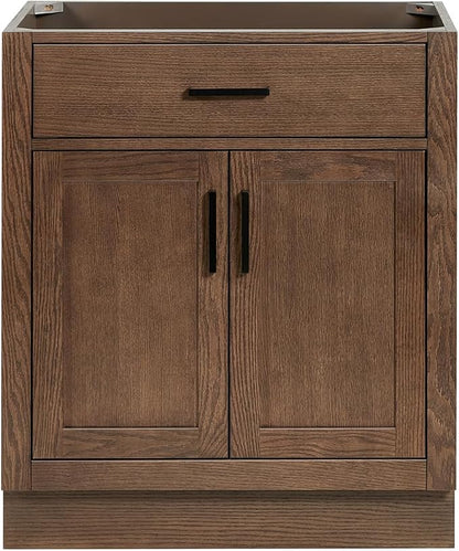 ARIEL Hepburn 30-inch Bathroom Vanity Base Cabinet,Solid Wood, 2 Soft Closing Doors, 1 Dovetail Drawers, Brown Oak